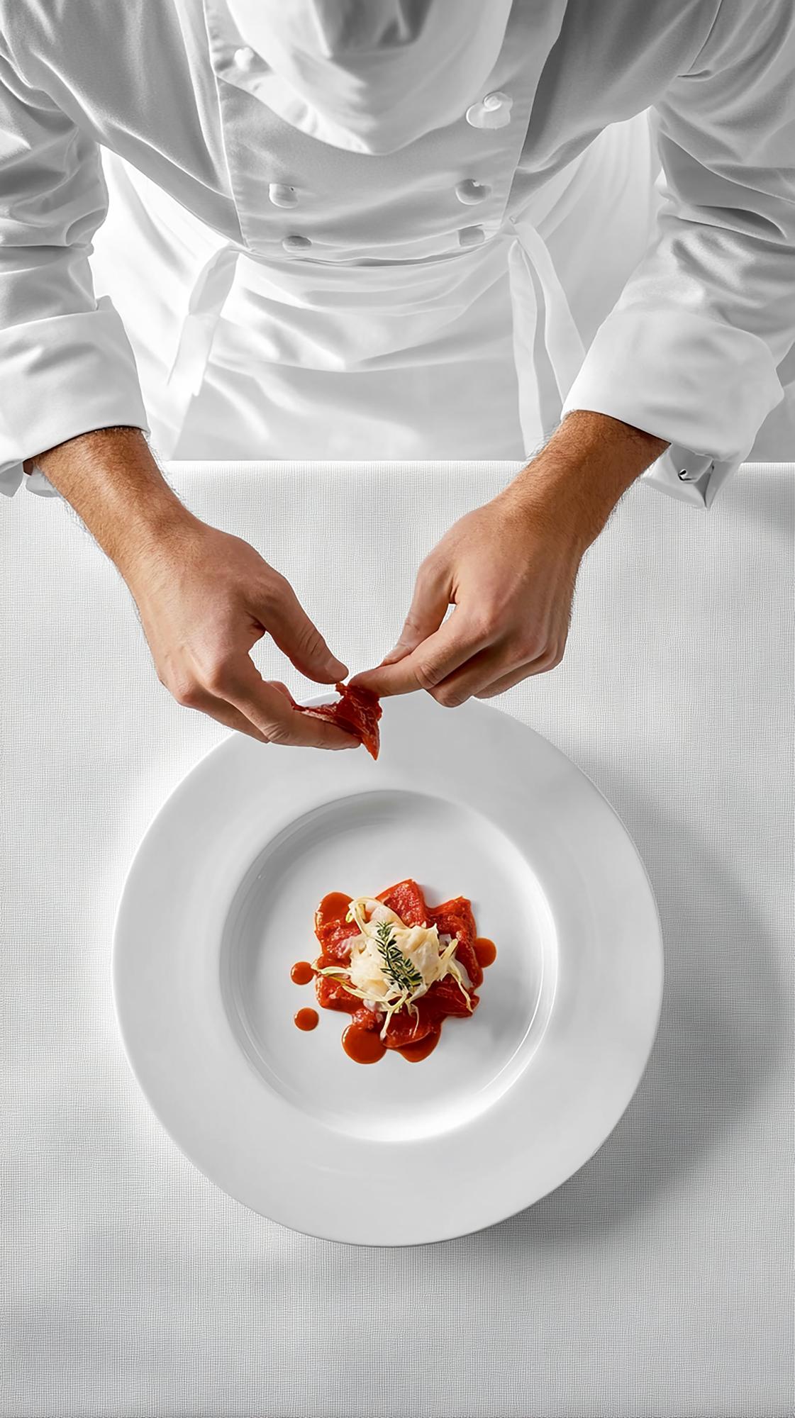 Dynamic kitchen team plating modern dish